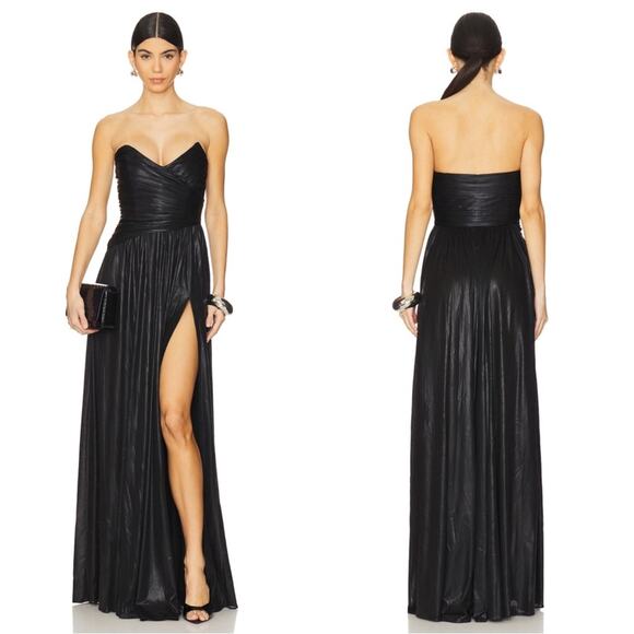Retrofete Waldorf Lame Strapless Metallic Ruched Pleated Black Maxi Dress Sz XS - Picture 1 of 9